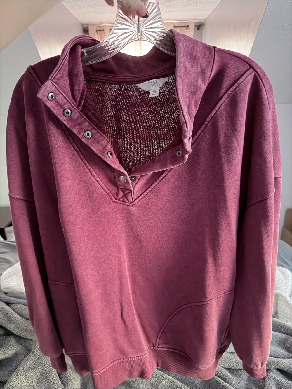 Time and Tru Snap-Button V-Neck Pullover Hoodie - Plum